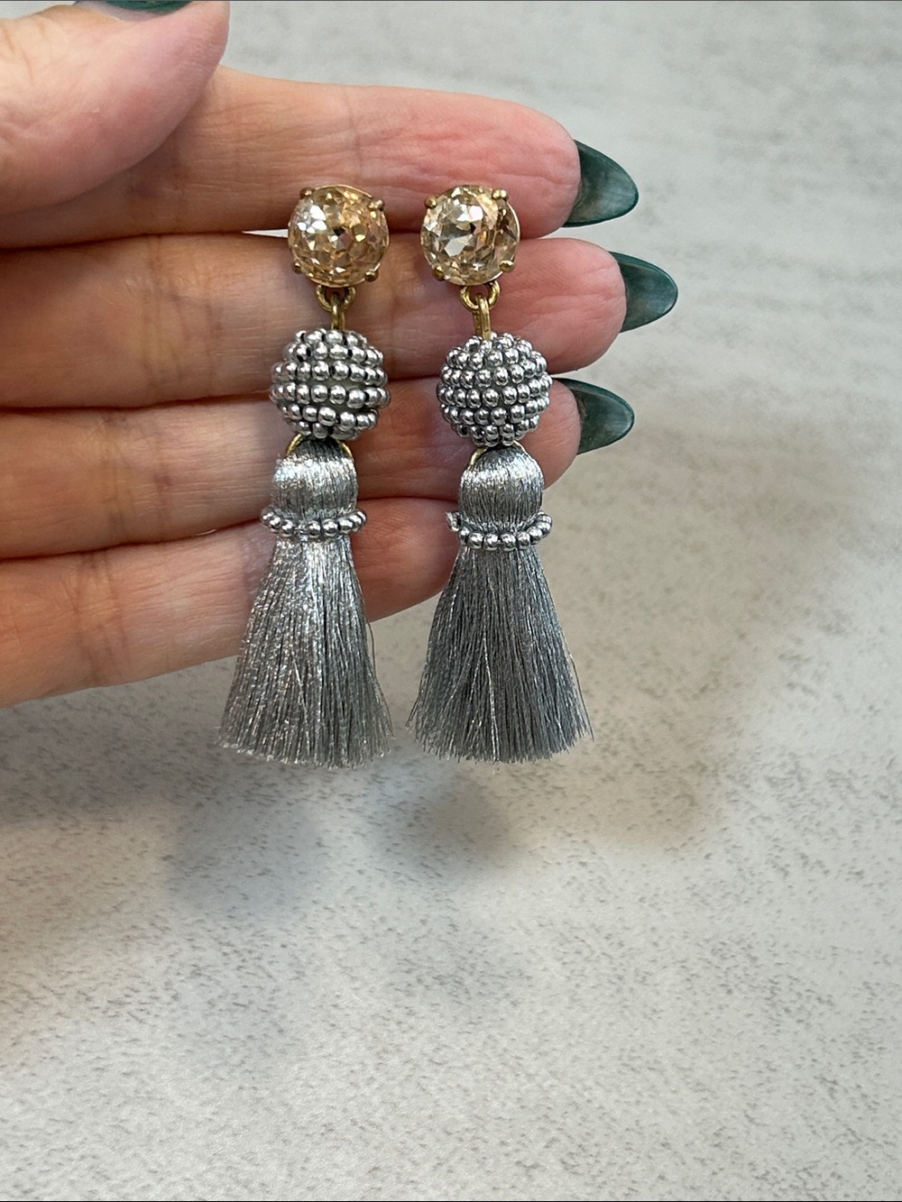 J. Crew Silver Tassel Drop Earrings with Champagne Crystal Studs